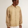 Chaqueta para hombre de cuero nobuk color travertino con mangas y espalda de mezcla de lana