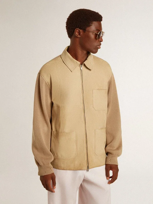 Chaqueta para hombre de cuero nobuk color travertino con mangas y espalda de mezcla de lana