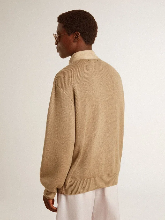 Chaqueta para hombre de cuero nobuk color travertino con mangas y espalda de mezcla de lana