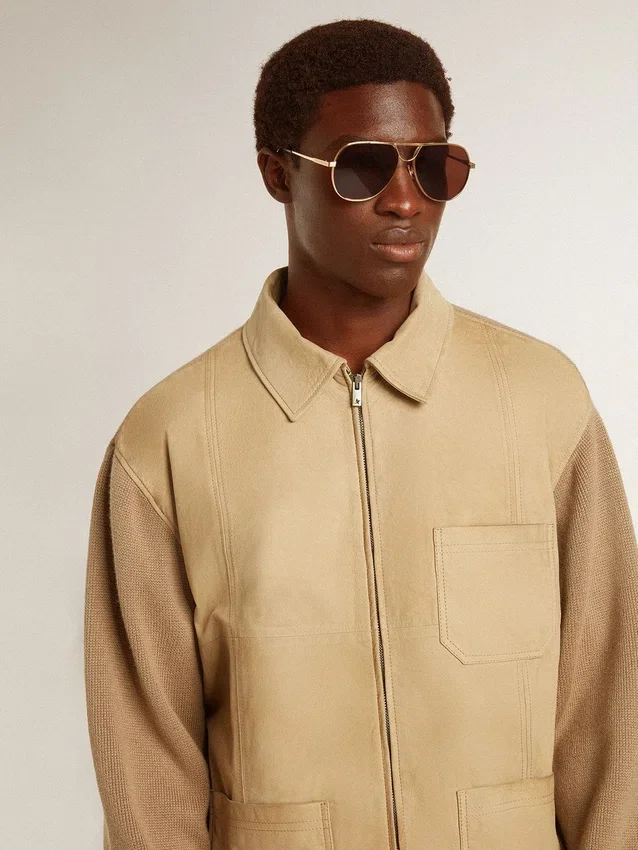 Chaqueta para hombre de cuero nobuk color travertino con mangas y espalda de mezcla de lana