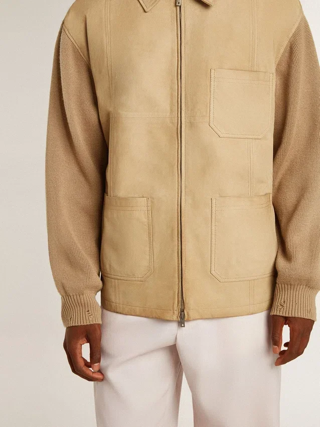 Chaqueta para hombre de cuero nobuk color travertino con mangas y espalda de mezcla de lana