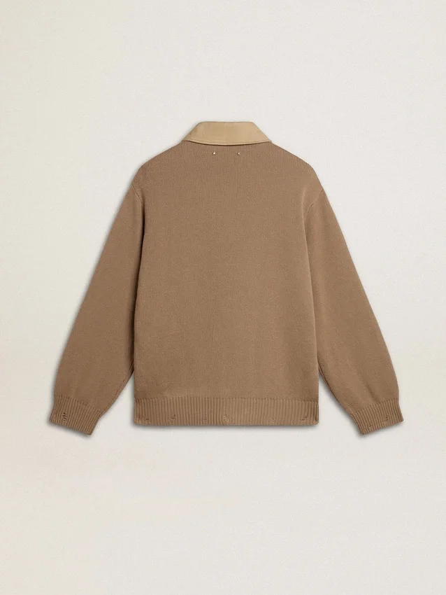 Chaqueta para hombre de cuero nobuk color travertino con mangas y espalda de mezcla de lana
