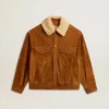 Chaqueta para hombre en piel dividida color tabaco con cuello de piel de oveja