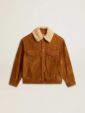 Chaqueta para hombre en piel dividida color tabaco con cuello de piel de oveja