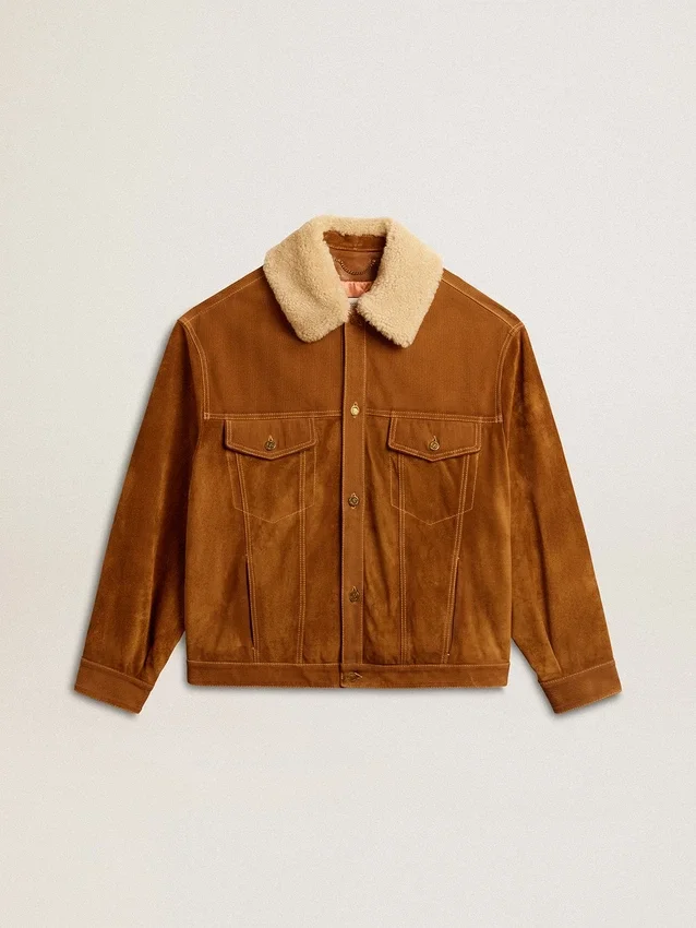 Chaqueta para hombre en piel dividida color tabaco con cuello de piel de oveja