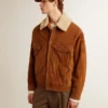 Chaqueta para hombre en piel dividida color tabaco con cuello de piel de oveja