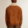 Chaqueta para hombre en piel dividida color tabaco con cuello de piel de oveja