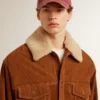 Chaqueta para hombre en piel dividida color tabaco con cuello de piel de oveja
