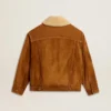 Chaqueta para hombre en piel dividida color tabaco con cuello de piel de oveja
