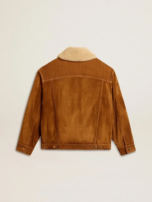 Chaqueta para hombre en piel dividida color tabaco con cuello de piel de oveja