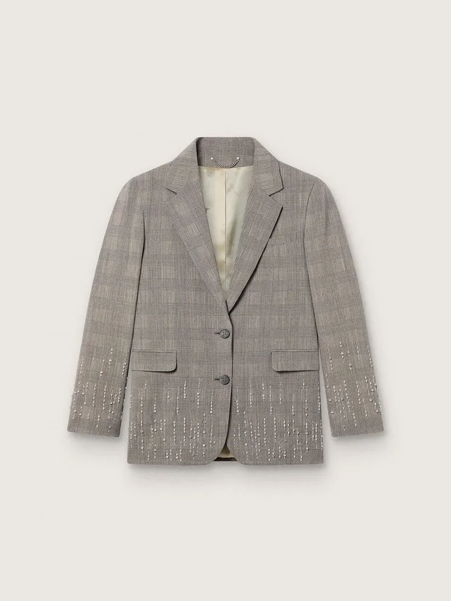 Chaqueta para mujer en estampado de cuadros Príncipe de Gales gris con bordado de cristales