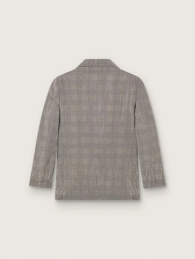 Chaqueta para mujer en estampado de cuadros Príncipe de Gales gris con bordado de cristales