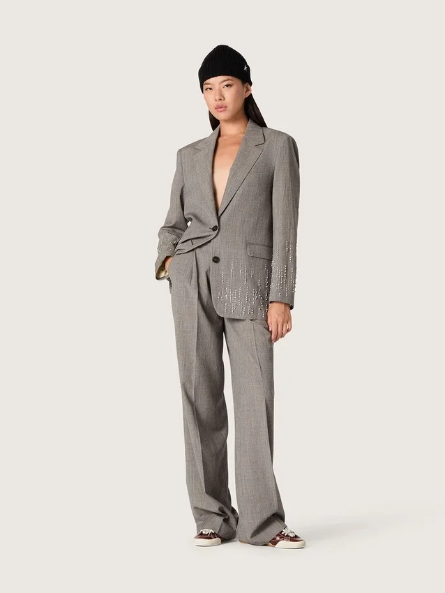 Chaqueta para mujer en estampado de cuadros Príncipe de Gales gris con bordado de cristales