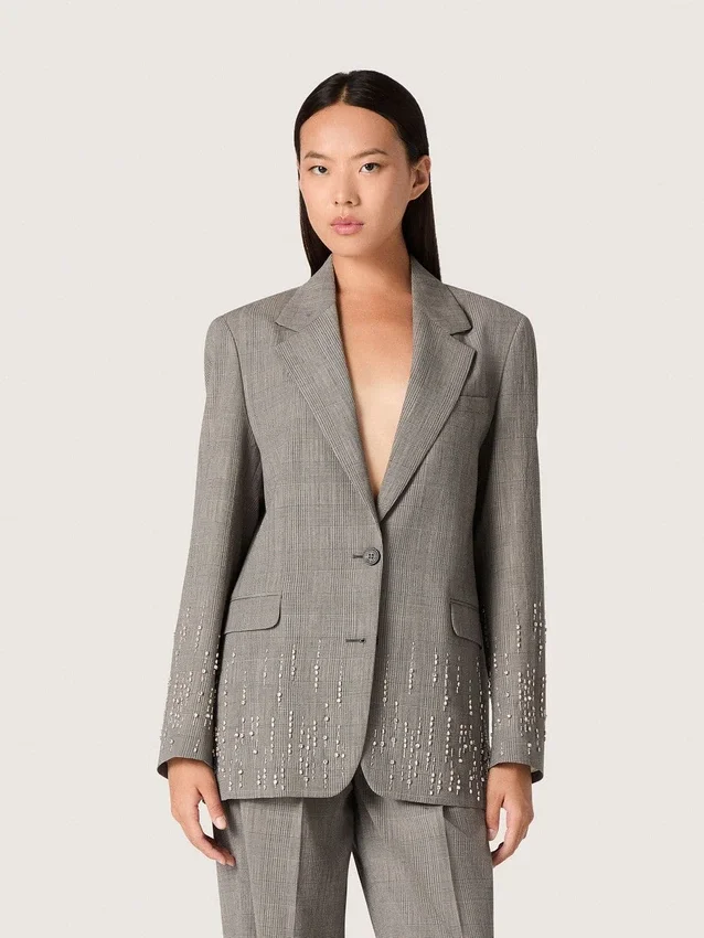 Chaqueta para mujer en estampado de cuadros Príncipe de Gales gris con bordado de cristales