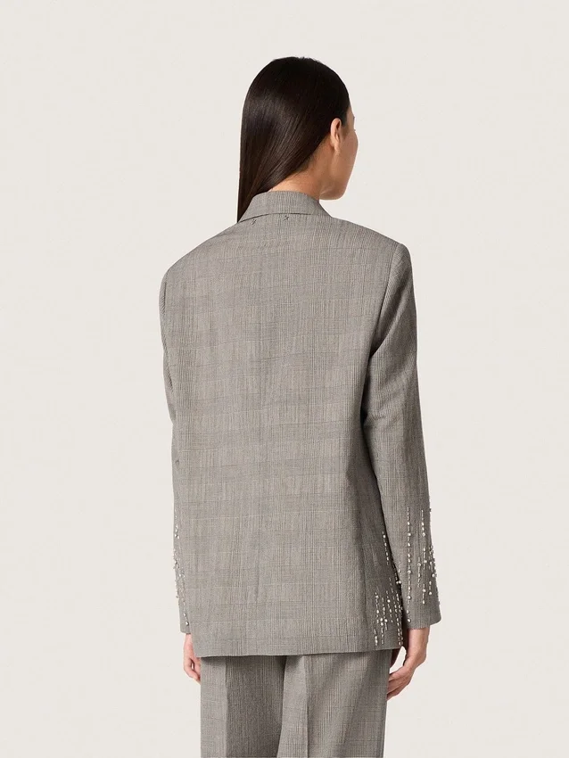 Chaqueta para mujer en estampado de cuadros Príncipe de Gales gris con bordado de cristales