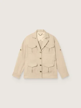 Chaqueta safari para mujer en viscosa beige con micro-chevron