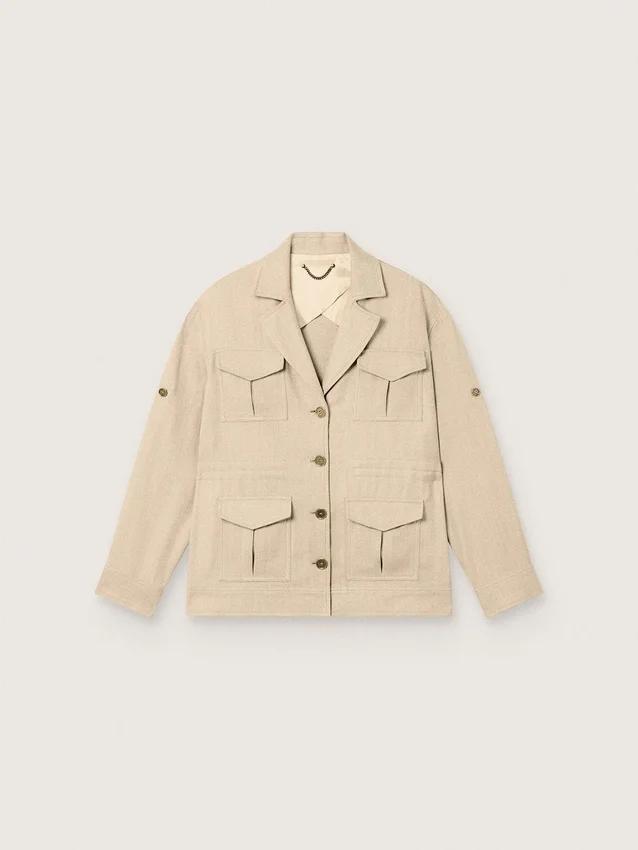Chaqueta safari para mujer en viscosa beige con micro-chevron