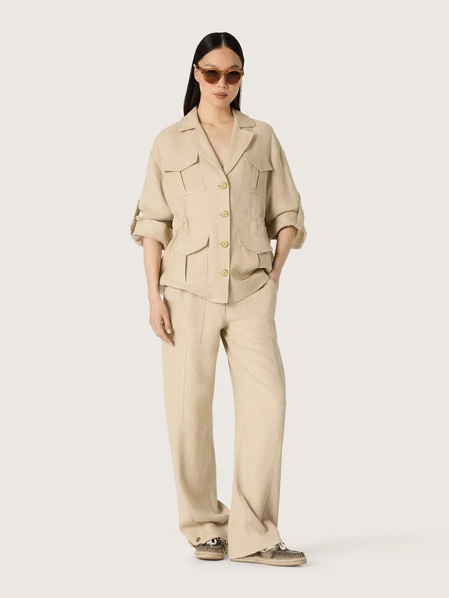 Chaqueta safari para mujer en viscosa beige con micro-chevron