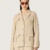 Chaqueta safari para mujer en viscosa beige con micro-chevron