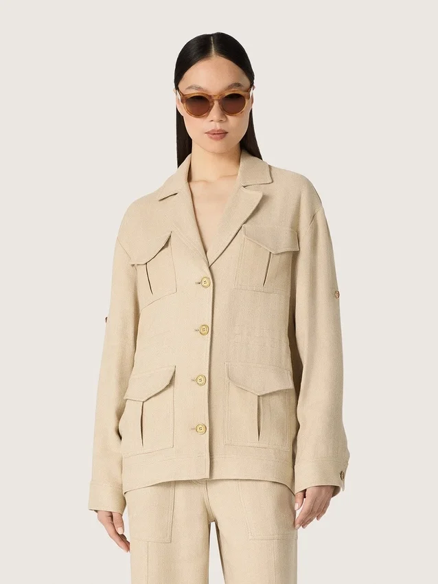 Chaqueta safari para mujer en viscosa beige con micro-chevron