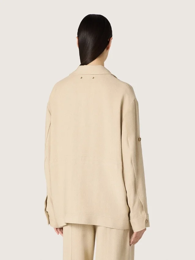 Chaqueta safari para mujer en viscosa beige con micro-chevron