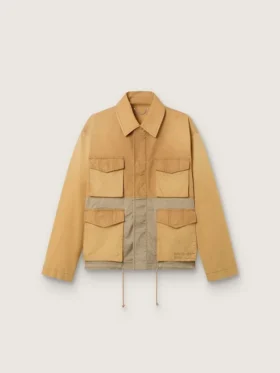 Chaqueta safari unisex de algodón en beige y verde militar con bolsillos extragrandes