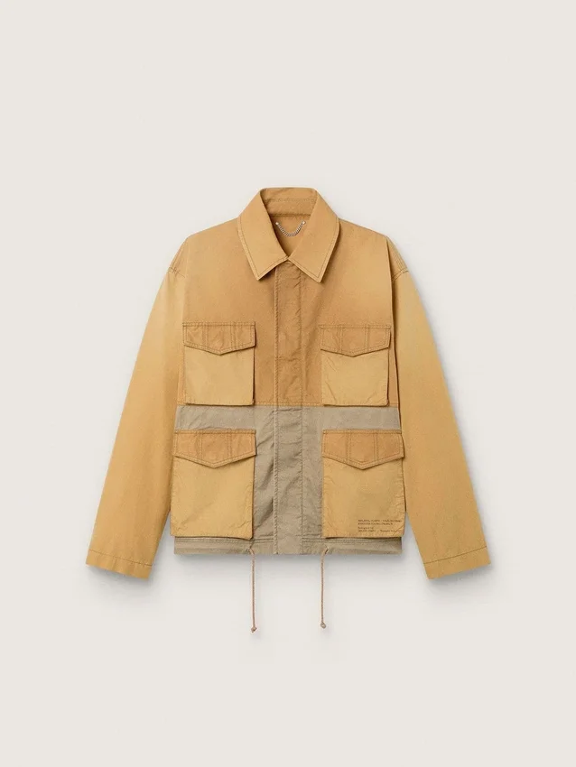 Chaqueta safari unisex de algodón en beige y verde militar con bolsillos extragrandes