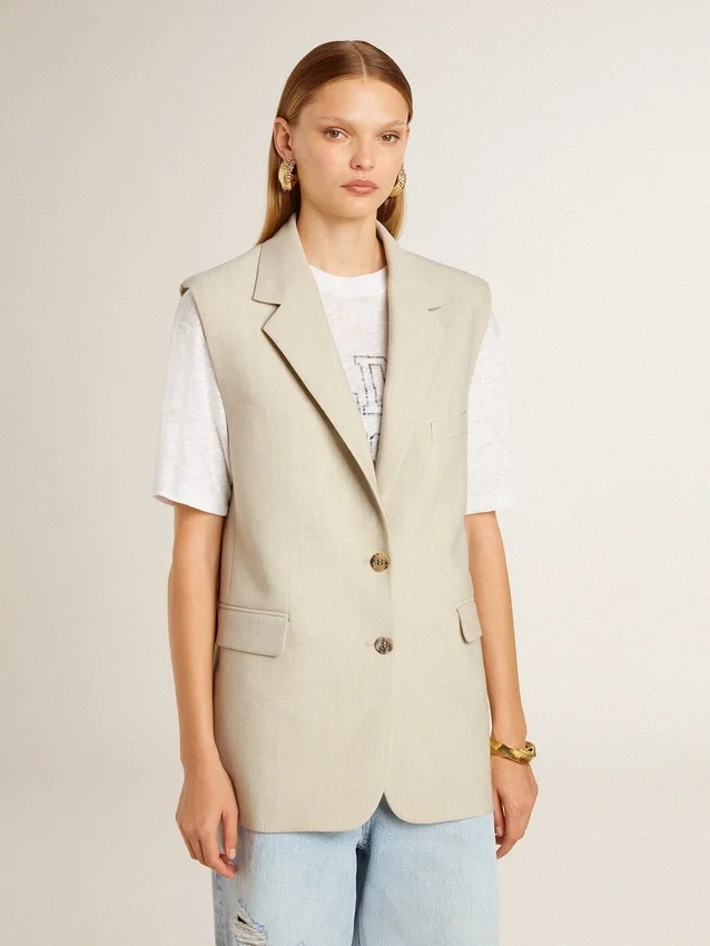 Chaqueta sin mangas de mezcla de lana color caqui para mujer