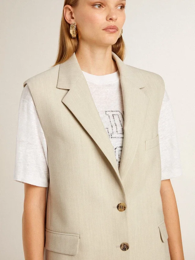 Chaqueta sin mangas de mezcla de lana color caqui para mujer