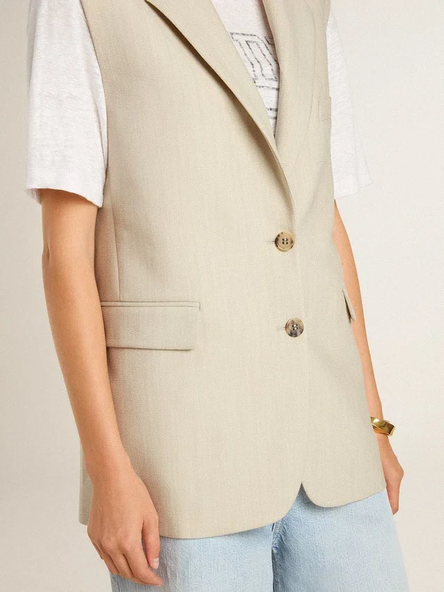 Chaqueta sin mangas de mezcla de lana color caqui para mujer