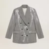 Chaqueta tipo «boyfriend» de lana con doble botonadura, en microcuadros de pata de gallo y lentejuelas