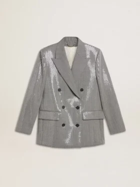 Chaqueta tipo «boyfriend» de lana con doble botonadura, en microcuadros de pata de gallo y lentejuelas