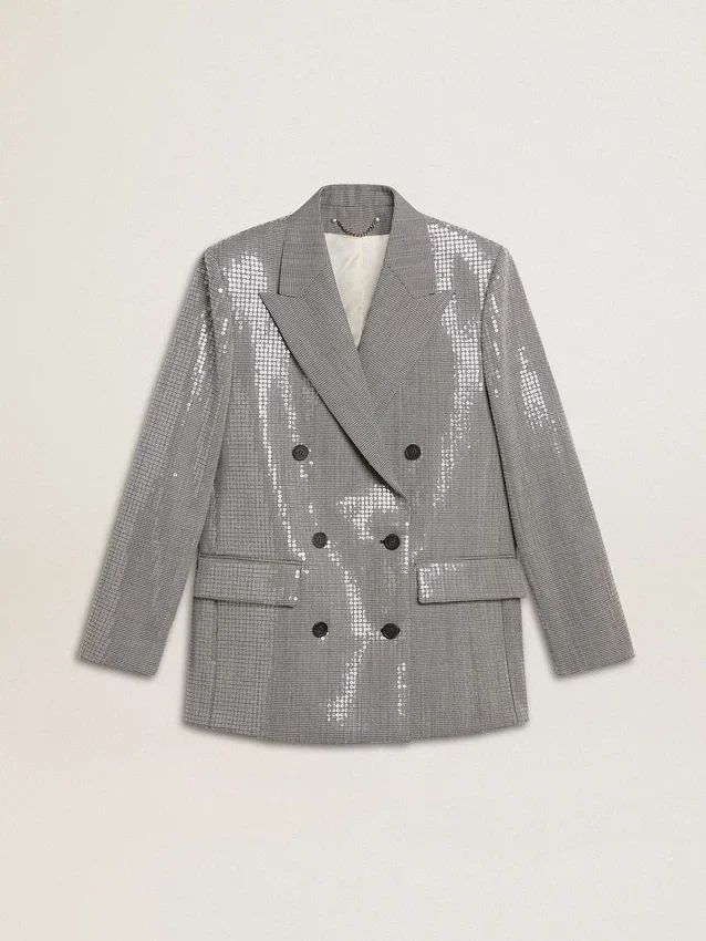 Chaqueta tipo «boyfriend» de lana con doble botonadura, en microcuadros de pata de gallo y lentejuelas