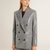 Chaqueta tipo «boyfriend» de lana con doble botonadura, en microcuadros de pata de gallo y lentejuelas