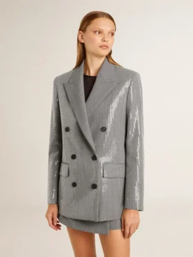 Chaqueta tipo «boyfriend» de lana con doble botonadura, en microcuadros de pata de gallo y lentejuelas