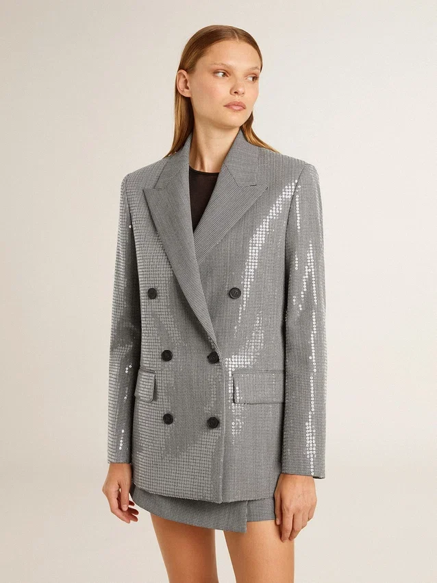 Chaqueta tipo «boyfriend» de lana con doble botonadura, en microcuadros de pata de gallo y lentejuelas
