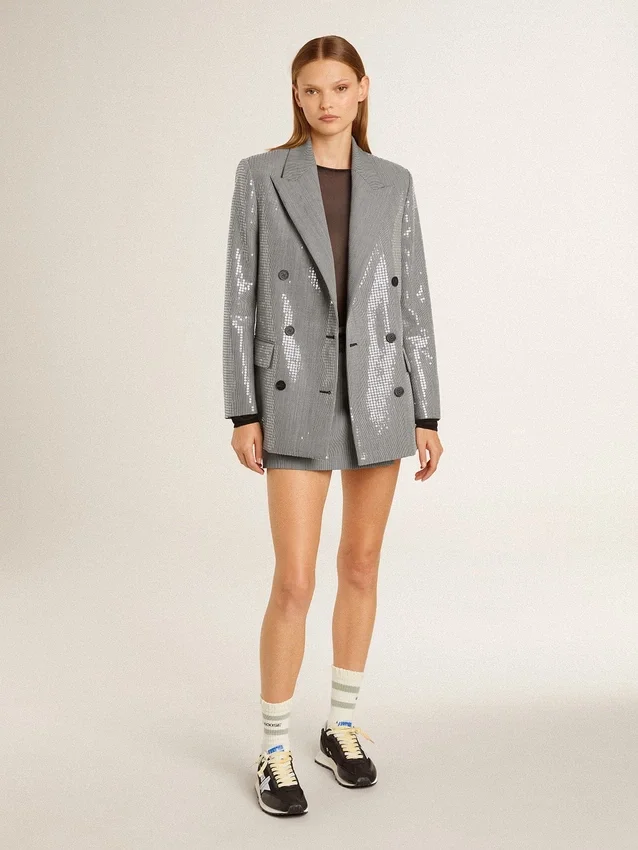 Chaqueta tipo «boyfriend» de lana con doble botonadura, en microcuadros de pata de gallo y lentejuelas