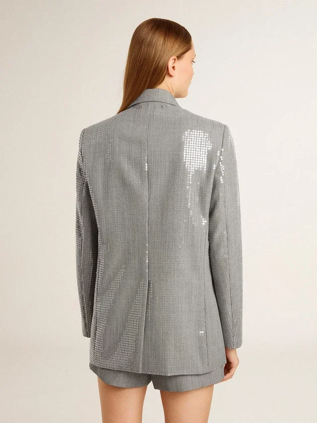 Chaqueta tipo «boyfriend» de lana con doble botonadura, en microcuadros de pata de gallo y lentejuelas