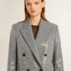 Chaqueta tipo «boyfriend» de lana con doble botonadura, en microcuadros de pata de gallo y lentejuelas