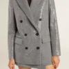 Chaqueta tipo «boyfriend» de lana con doble botonadura, en microcuadros de pata de gallo y lentejuelas