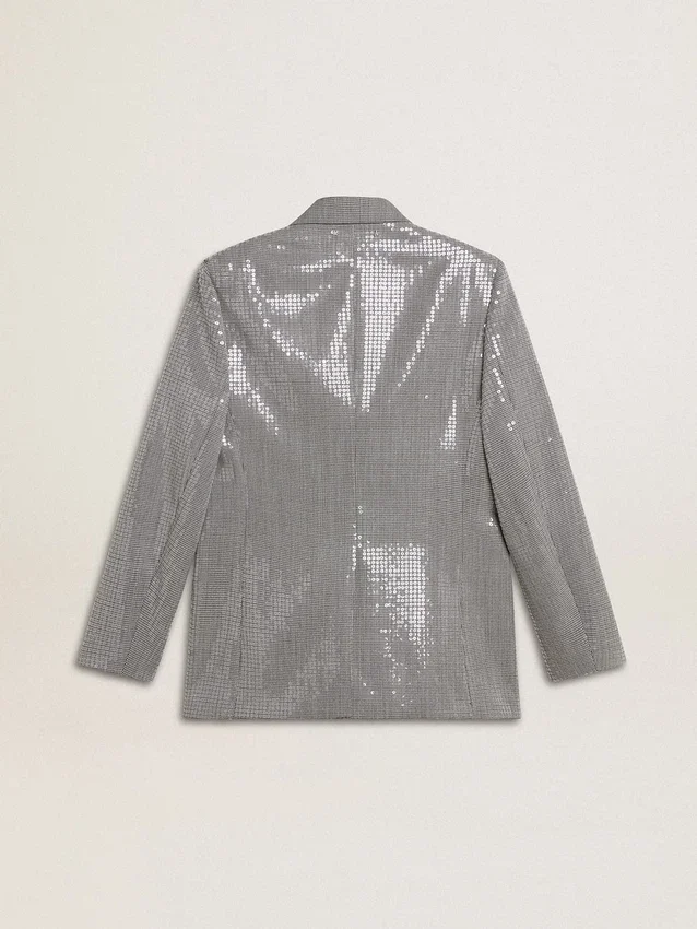 Chaqueta tipo «boyfriend» de lana con doble botonadura, en microcuadros de pata de gallo y lentejuelas