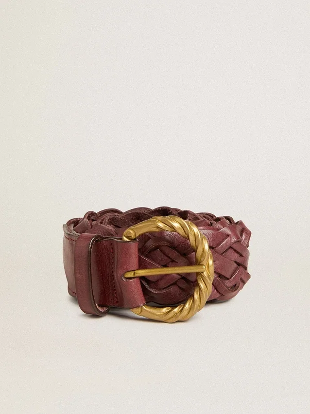 Cinturón de cuero trenzado color burdeos para mujer