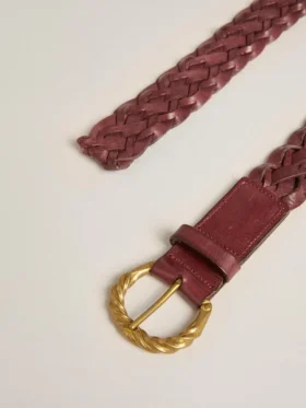 Cinturón de cuero trenzado color burdeos para mujer