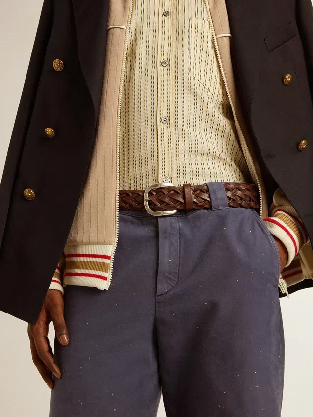 Cinturón de cuero trenzado color marrón oscuro para hombre
