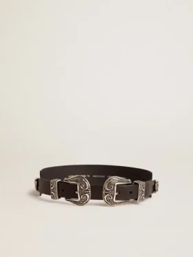 Cinturón negro de cuero lavado con doble hebilla color plata
