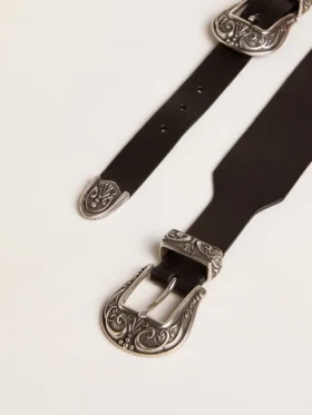 Cinturón negro de cuero lavado con doble hebilla color plata