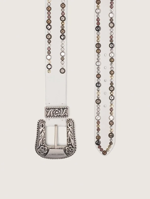 Cinturón para mujer de cuero blanco con tachuelas de colores