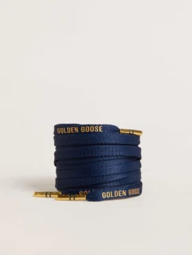 Cordones de algodón azul con logotipo dorado en contraste