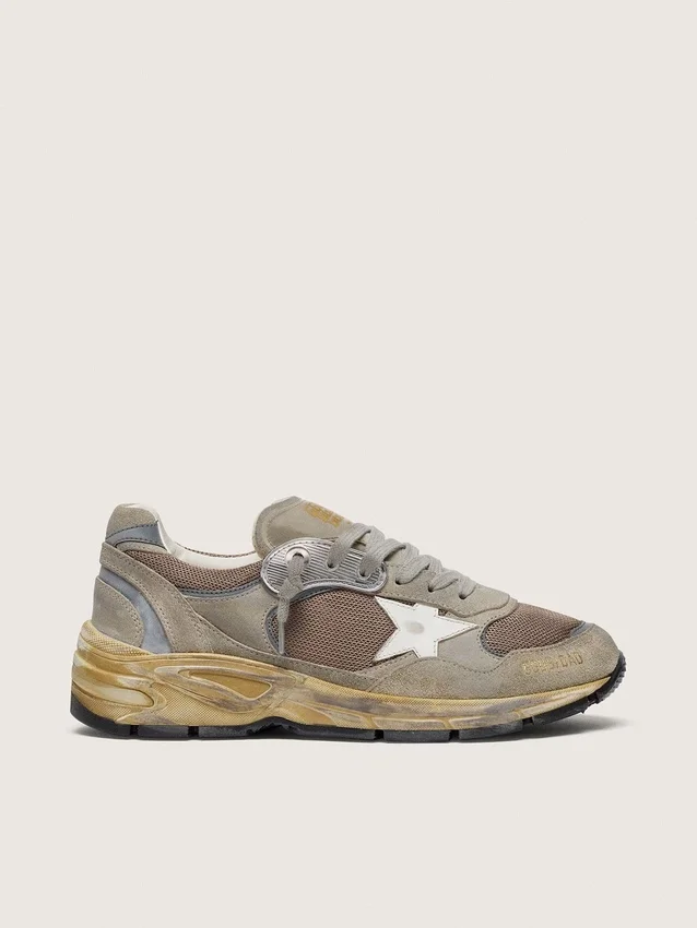 Dad-Star para hombre en gamuza gris paloma y malla plateada con estrella de cuero blanco y lengüeta de talón de gamuza