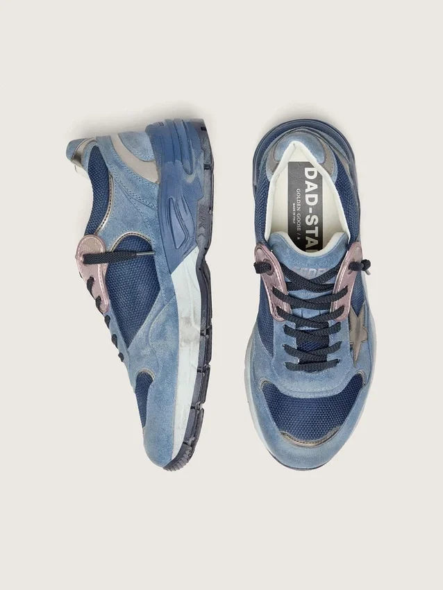 Dad-Star para hombre en gamuza azul denim con estrella de cuero plateada